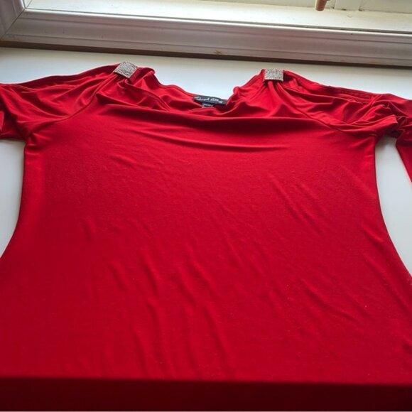 JOne Sizeeph Ribkoff Cold Shoulder Bloe Woman 16 Red Boat Neck Bling Slinky FLAW - Picture 11 of 14